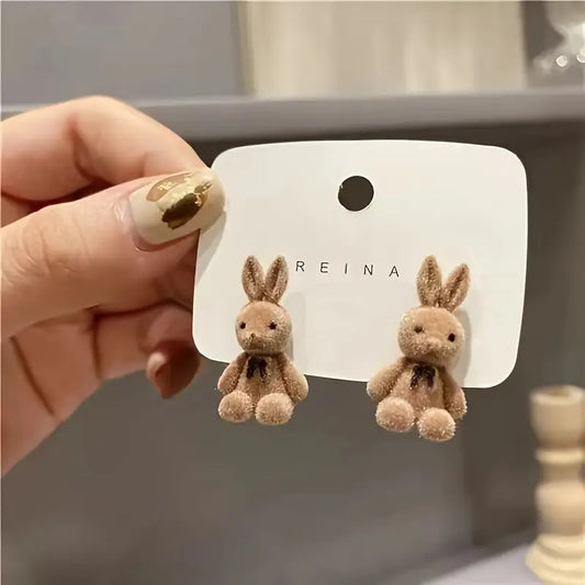 Flocking Plush Rabbit & Bear Stud Earrings in Brown