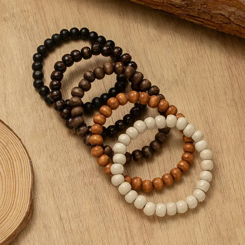 5pcs Wood Bead Elastic Multi-layered  Bracelet Jewelry Gift