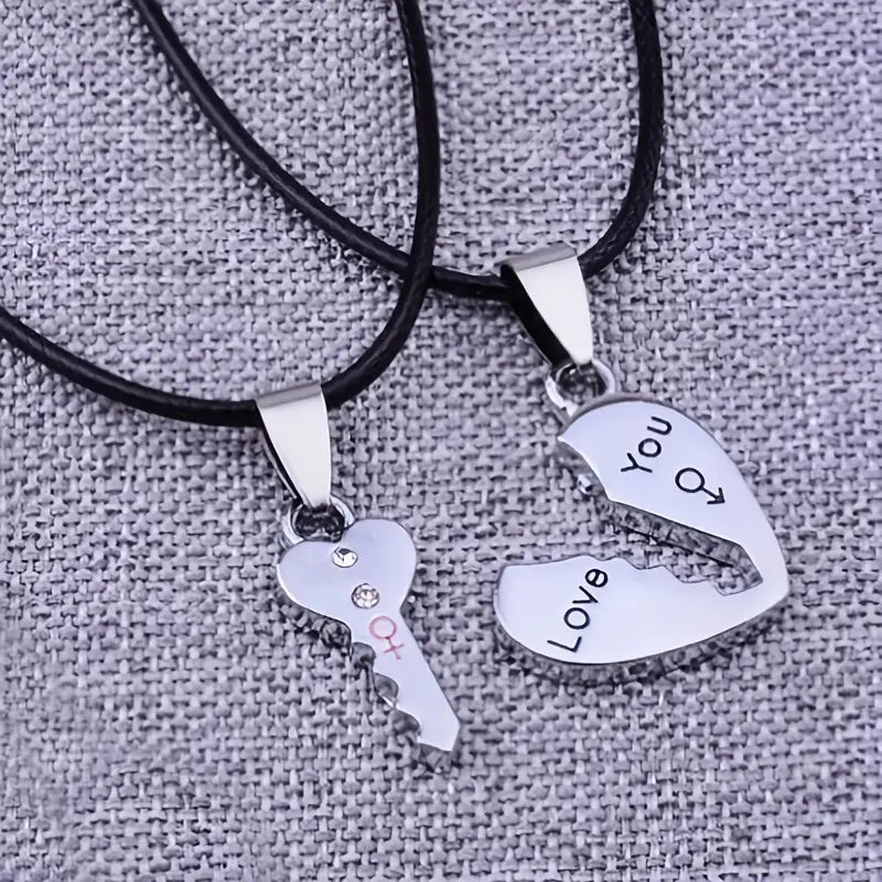 2pcs/Set Simple Creative Heart Embedded Key Love You Couple Stainless Steel